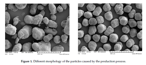 Figure 1: SEM images of PA powders with different morphologies caused by their production processes. The left image shows usual PA12 powder particles. These particles are relatively spherical, with a rough texture and a narrow size distribution around 60 µm. The morphology results from a solution–precipitation process in ethanol. The right image depicts Orgasol® PA12 powder particles. These particles are smooth and nearly spherical, with a smaller size distribution of approximately 40 µm. The smoother texture and uniformity arise from a direct polymerization manufacturing process. Both images demonstrate differences in particle texture and size, highlighting the influence of the production method.