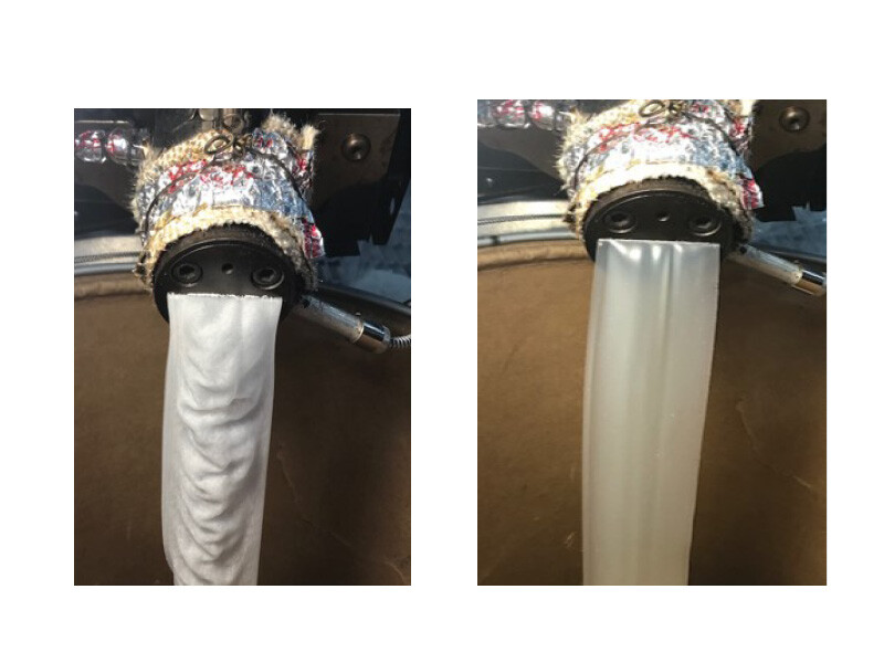 The picture on the left show the texture of processed polyethylene with melt fracture texture. In the image on the right, the texture is smooth and fluid. 