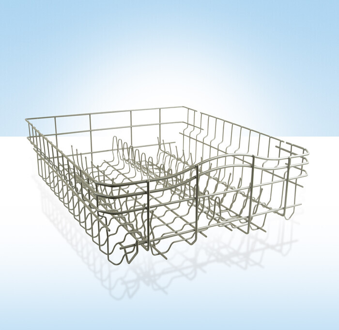 Dishwasher basket coated with high performance powder metal coatings