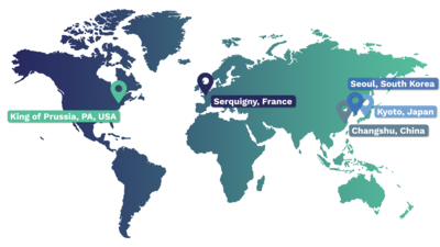 Global map of Arkema sites in the world dedicated to wire and cable developments. Technical support and plants in all three regions (North America, Europe and Asia).