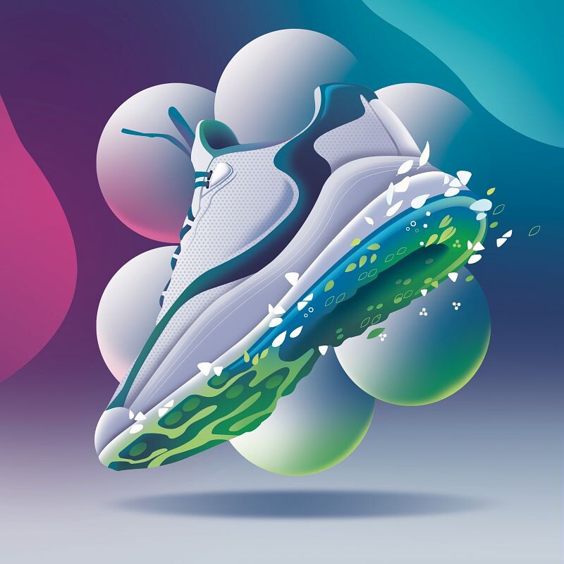 Illustrative image of a footwear in white and green color made with Pebax® elastomers 